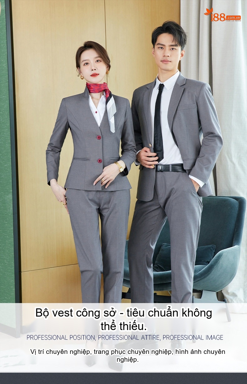 Bộ Vest Công Sở Nam Nữ Phong Cách Trung Hoa Áo Quần Dài Tay Màu Đen, Đỏ, Xám chi tiết 2