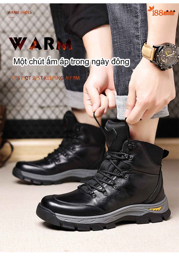 Giày Cao Cổ Nam Da Bò Lót Lông Giữ Ấm Chiều Cao Đế Khoảng 4cm Màu Đen chi tiết 2