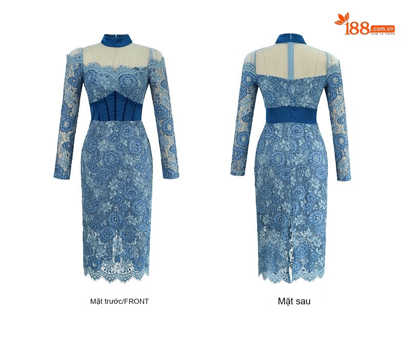 Đầm Ôm Body Dài Tay Phối Ren Thiết Kế Pháp Sang Trọng Màu Xanh chi tiết 5
