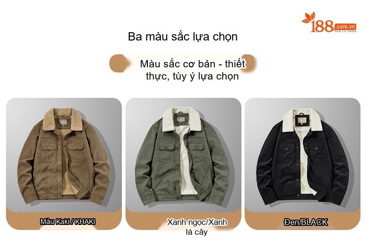 Áo Khoác Bông Nam Dáng Rộng Cổ Bẻ Lót Lông Cừu Non Vải Cotton Gân Màu Đen, Xanh Rêu, Nâu chi tiết 4