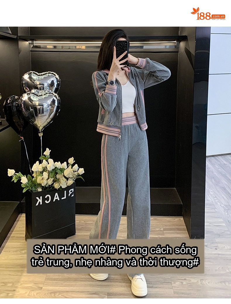 Bộ đồ thu đông nữ dáng rộng áo hoodie khóa kéo quần ống rộng phong cách thể thao chi tiết 1