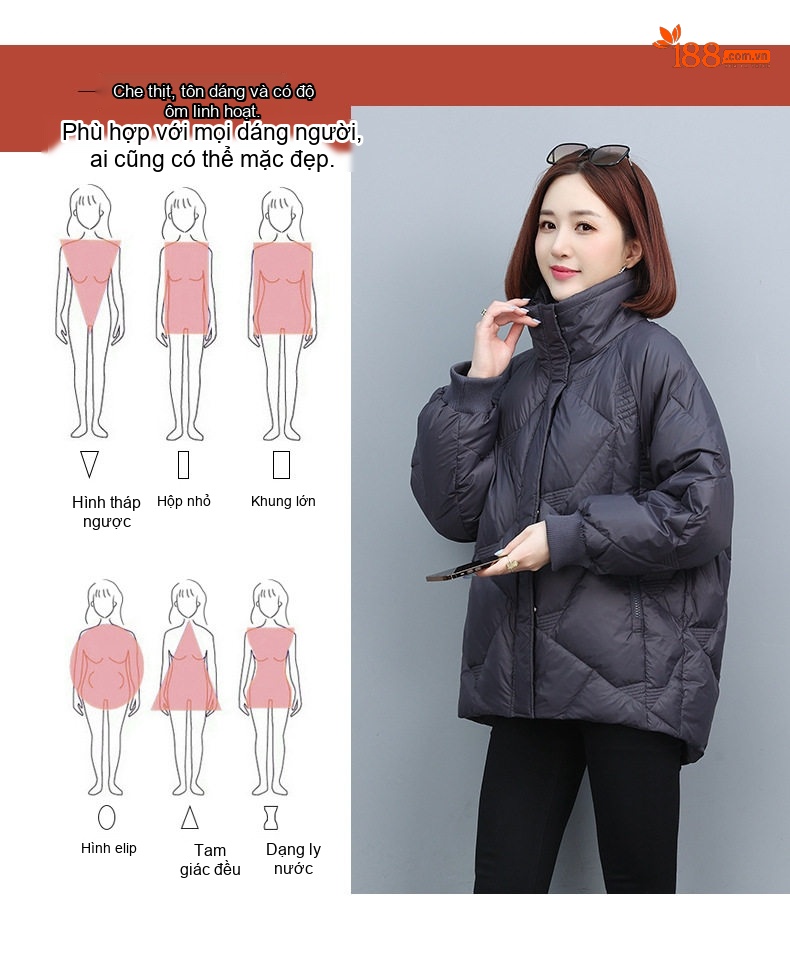 Áo Khoác Phao Nữ Cotton Dáng Ngắn Lót Dày Cổ Đứng Màu Đen, Xanh Lá chi tiết 4