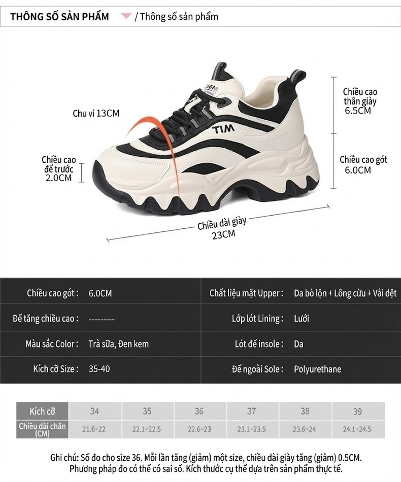 Giày Sneaker Nữ Đế Dày Tăng Chiều Cao Phong Cách Thể Thao Chiều Cao Đế Khoảng 5cm Màu Kem, Trắng, Nâu, Đen chi tiết 3