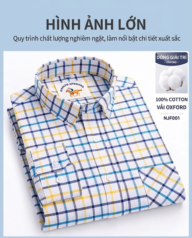 Áo Sơ Mi Nam Tay Dài Oxford Cotton Thoáng Khí Họa Tiết Kẻ Sọc Lớn Màu Xanh Dương, Đen, Trắng, Xám... chi tiết 26