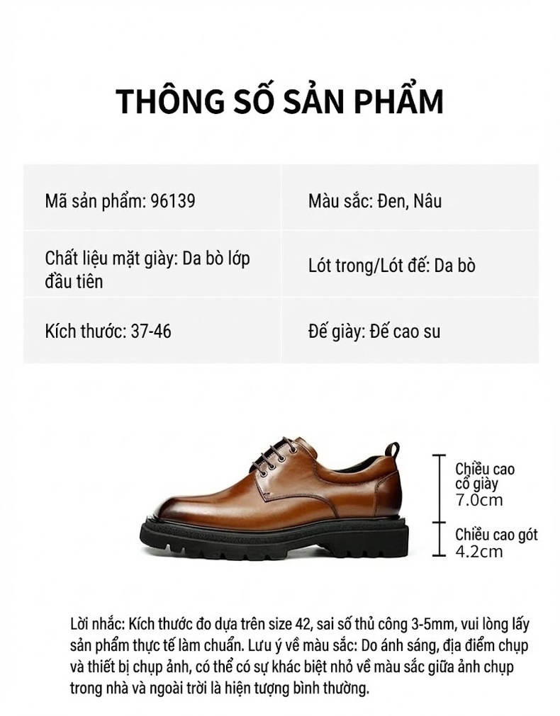 Giày Tây Buộc Dây Nam Da Thật Chiều Cao Đế Khoảng 4cm Màu Đen, Nâu chi tiết 2