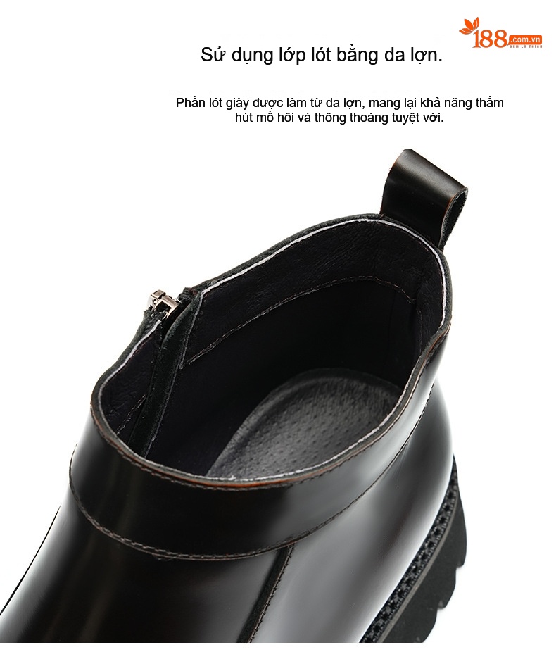 Boot Nam Cổ Cao Da Bóng Khóa Kéo Phong Cách Anh Quốc Chiều Cao Đế Khoảng 4cm Màu Đen chi tiết 8