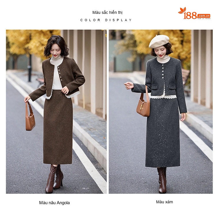 Set Áo Khoác Lửng và Chân Váy Nữ Vải Tweed Phong Cách Tiểu Thư Màu Nâu, Xám chi tiết 9