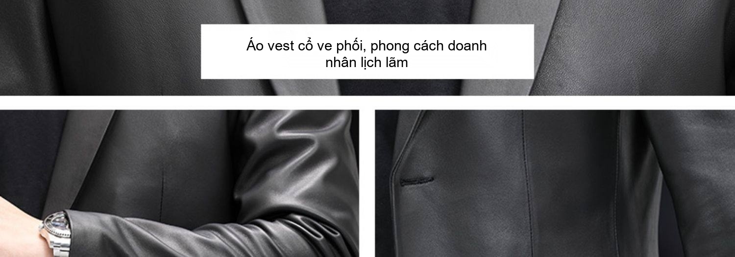 Áo Khoác Blazer Nam Da Cừu Thiết Kế Dáng Ôm Phong Cách Business Casual Màu Đen chi tiết 5