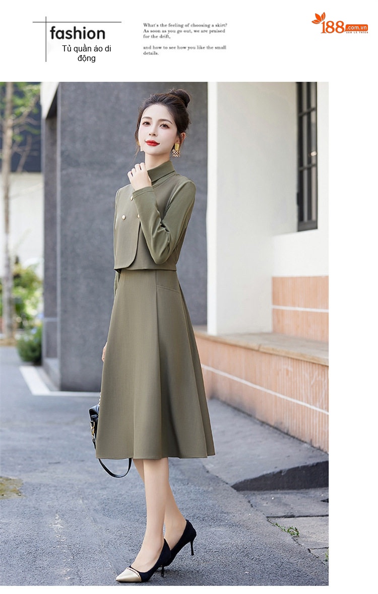 Váy Liền Thân Nữ Thiết Kế Giả Hai Lớp dáng chữ A Sang Trọng Màu Nâu, Đen, Xanh Olive chi tiết 18
