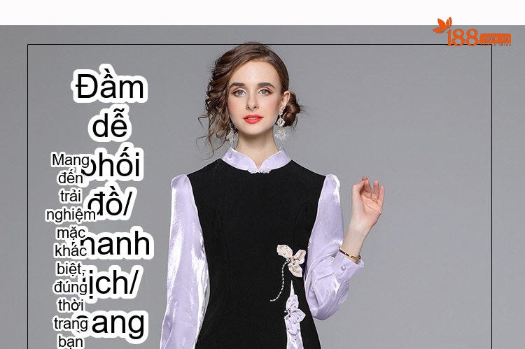 Váy Liền Thân Nữ Cổ Tàu Tay Dài Phối Màu Đính Hoa 3D Eo Ôm Dáng Công Chúa Màu Đen, Trắng chi tiết 5