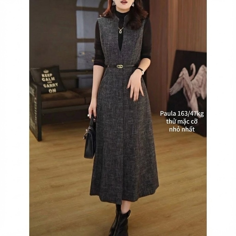 Váy Yếm Nữ Dáng Dài Xòe Thu Đông Kèm Áo Khoác Cardigan Màu Xám
