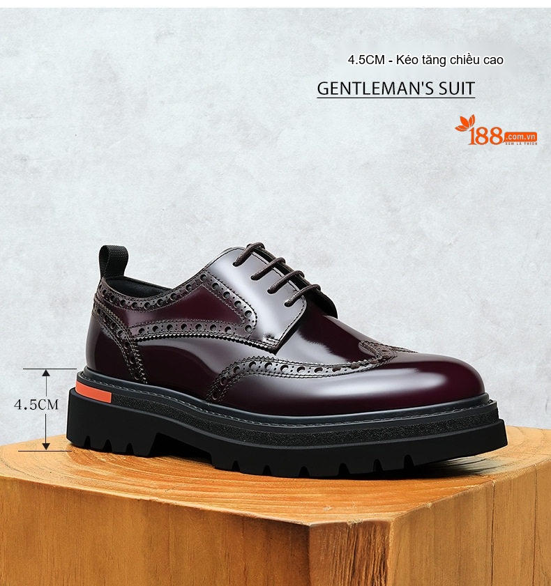 Giày Tây Buộc Dây Nam Da Bò Thật Brogue Chiều Cao Đế Khoảng 4cm Màu Đen, Đỏ Rượu chi tiết 5