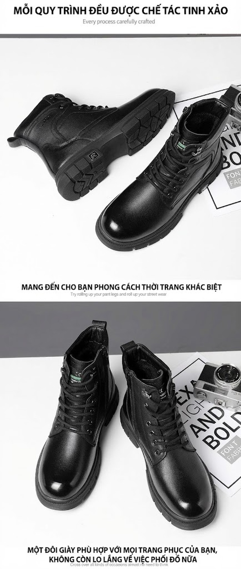 Giày Martin Nam Da Bò Phong Cách Công Sở Cao Cổ Lót Lông Chiều Cao Đế Khoảng 3cm Màu Đen chi tiết 10
