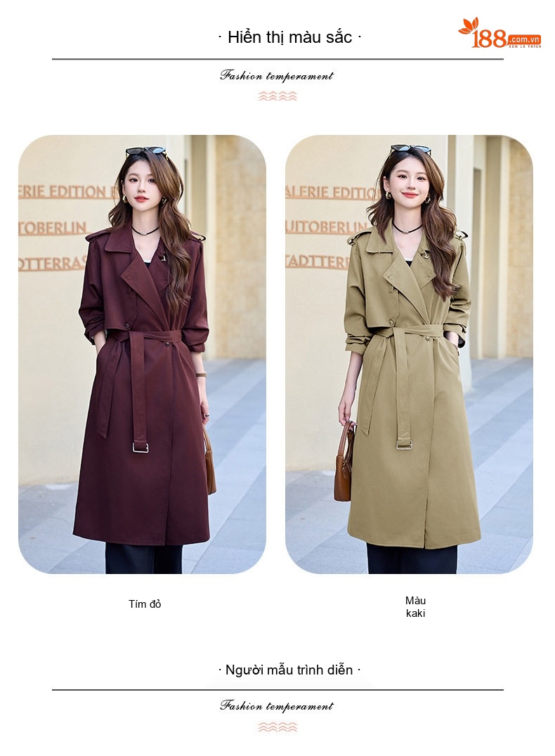 Áo Khoác Gió Dáng Dài Phong Cách Thời Trang Thanh Lịch Màu Nâu Đỏ, Xanh Olive chi tiết 12