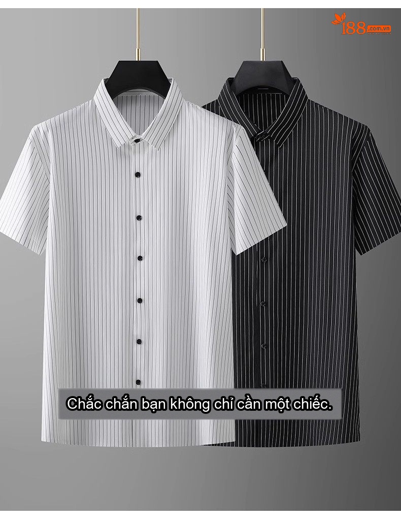 Áo Sơ Mi Tay Ngắn Nam Kẻ Sọc Cổ Trụ Form Rộng Chống Nhăn Màu Trắng, Đen chi tiết 7