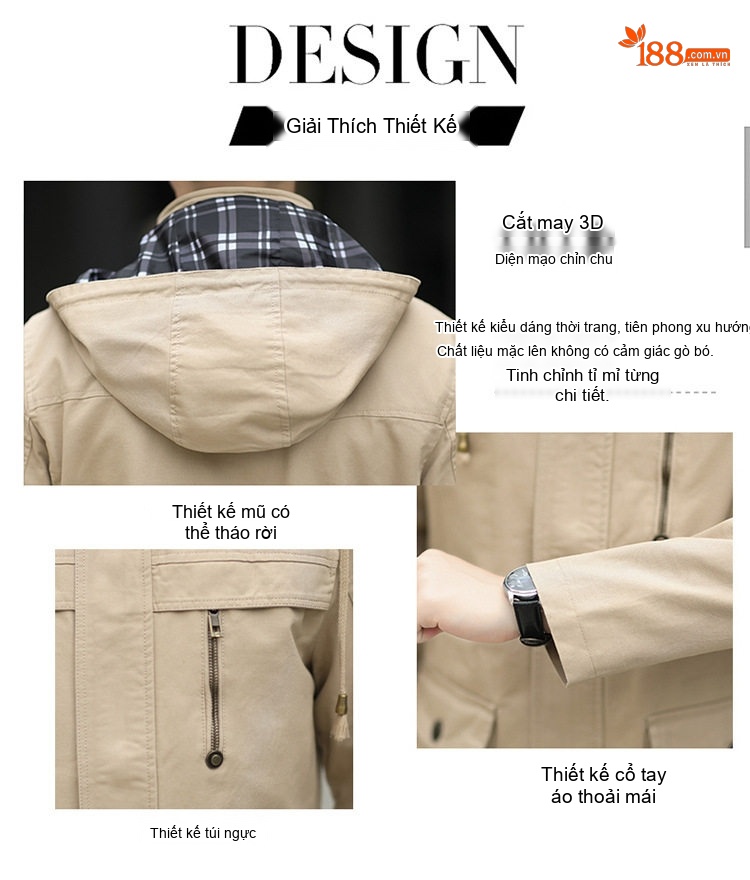 Áo Khoác Gió Nam Cotton Dáng Dài Vừa Có Mũ Nhiều Túi Màu Be, Nâu, Đen, Xanh Rêu chi tiết 4