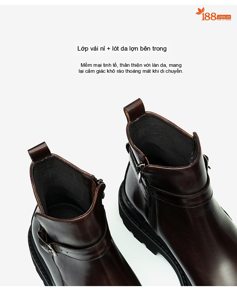 Boot Nam Cao Cổ Da Bò Khóa Cài Phong Cách Anh Quốc Chiều Cao Đế Khoảng 4cm Màu Đen, Nâu Đỏ chi tiết 13