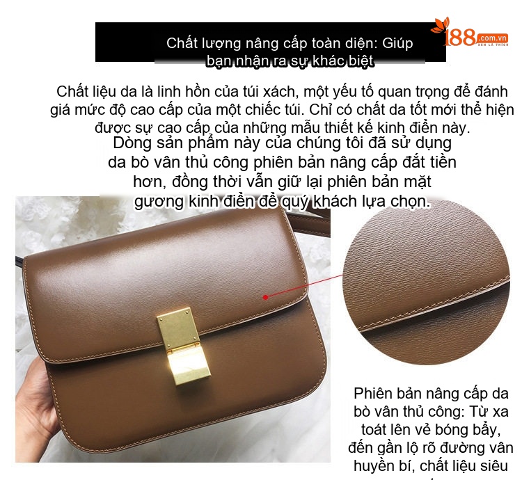 Túi Đeo Vai Nữ Da Bò Hình Hộp Chữ Nhật Đeo Chéo Màu Nâu, Đen chi tiết 5