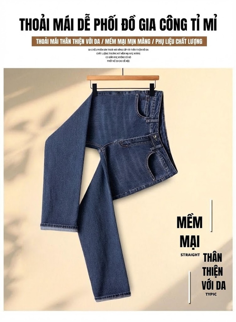 Quần Jean Nam Ống Đứng Cotton Dáng Rộng Co Giãn Thoải Mái Màu Xanh, Đen chi tiết 3