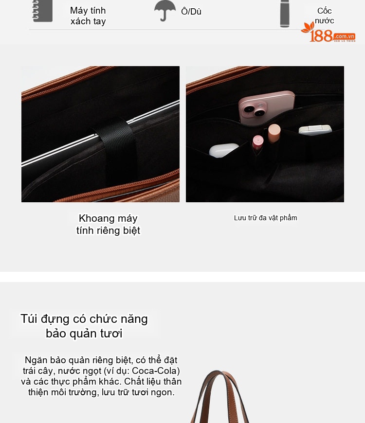 Túi Tote Nữ Đa Năng Da Mờ Sức Chứa Lớn Đựng Laptop Màu Nâu, Đen, Trắng chi tiết 4
