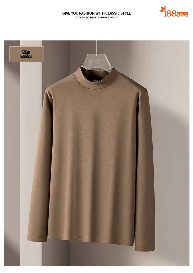 Áo Thun Dài Tay Nam Cổ Lọ Vải Cotton Thoáng Khí Giữ Ấm Mùa Thu Đông Màu Đen, Trắng, Nâu, Xám... chi tiết 32