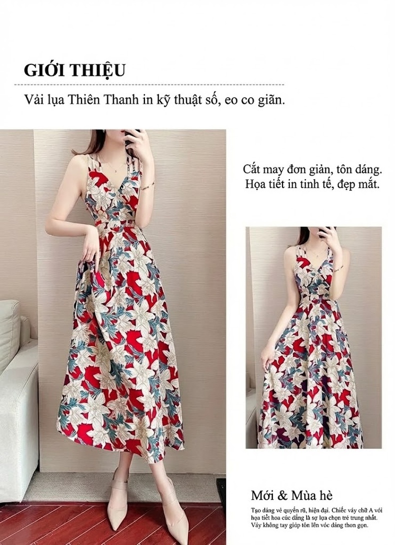 Váy Hai Dây Nữ Dáng Dài Họa Tiết Hoa Nhí Mùa Hè Phong Cách Đi Biển chi tiết 2