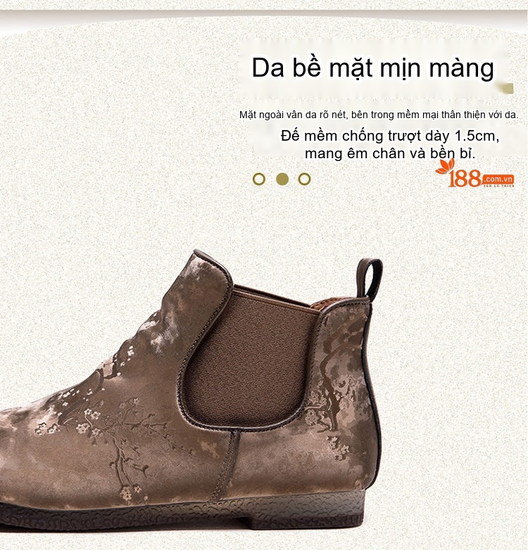 Boot Nữ Cổ Ngắn Vải Lụa Họa Tiết Vintage Chiều Cao Đế Khoảng 1cm Màu Nâu, Đen chi tiết 4
