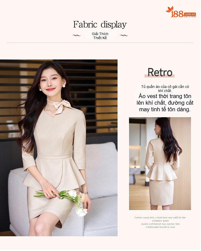 Bộ Vest Công Sở Nữ Tay Lỡ Thiết Kế Peplum Thanh Lịch Màu Be, Đen, Xanh Navy chi tiết 6