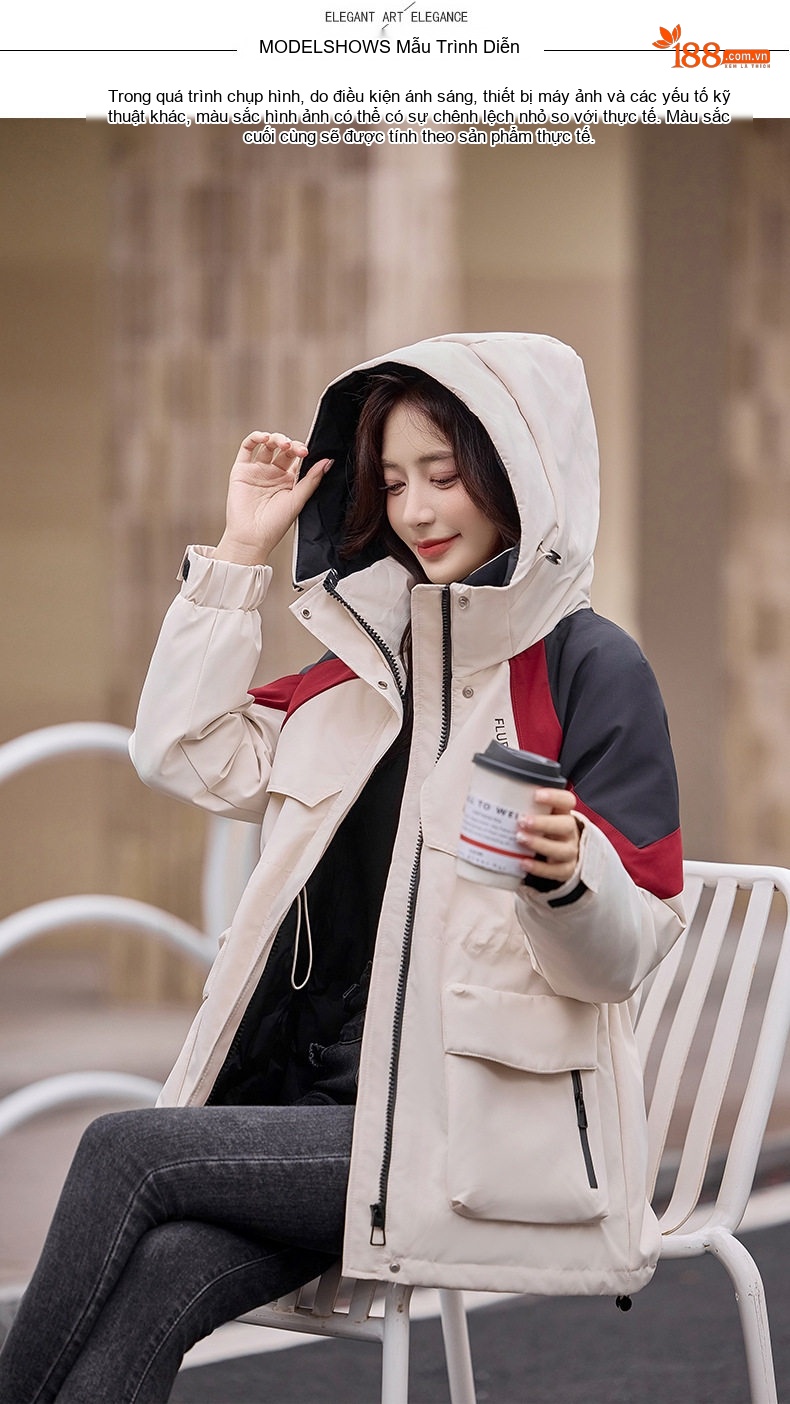 Áo Khoác Phao Nữ Dáng Dài Vừa Chống Gió Tràn Màu Be, Đen, Đỏ chi tiết 8