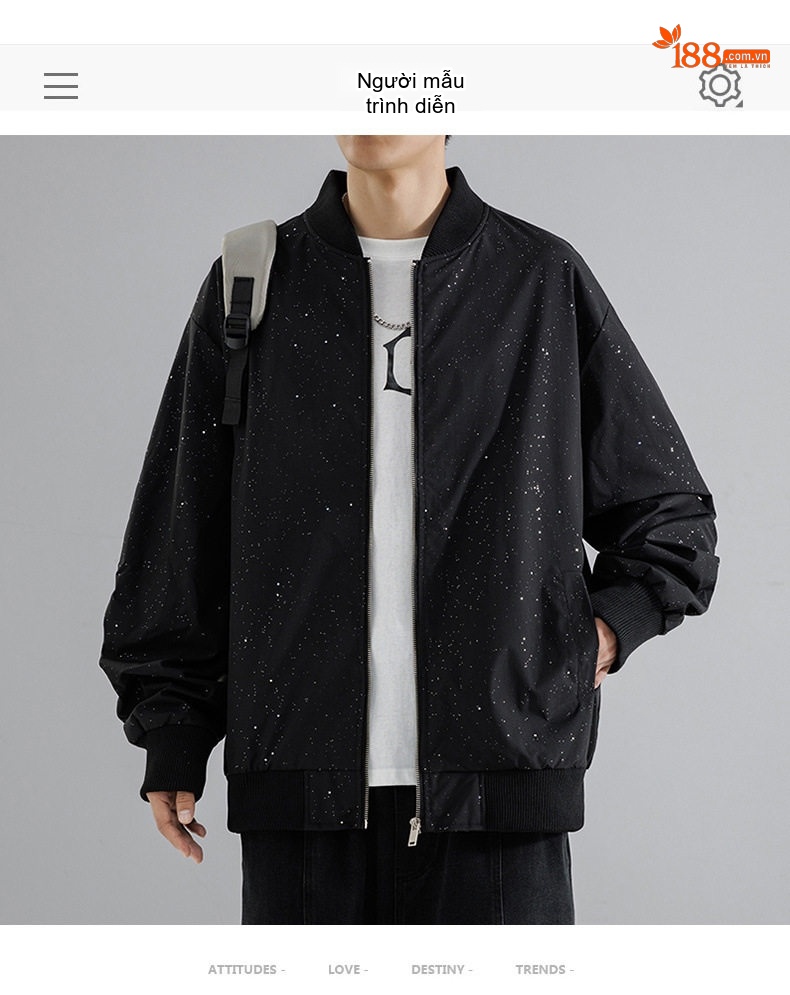 Áo Khoác Bomber Nam Họa Tiết Ánh Sao Phong Cách Retro Chống Thấm Nước Màu Đen, Be chi tiết 8