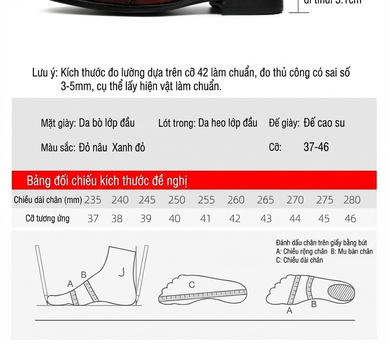 Giày Tây Buộc Dây Nam Da Bò Thiết Kế Laser Chiều Cao Đế Khoảng 3cm Màu Đỏ, Xanh Navy chi tiết 6