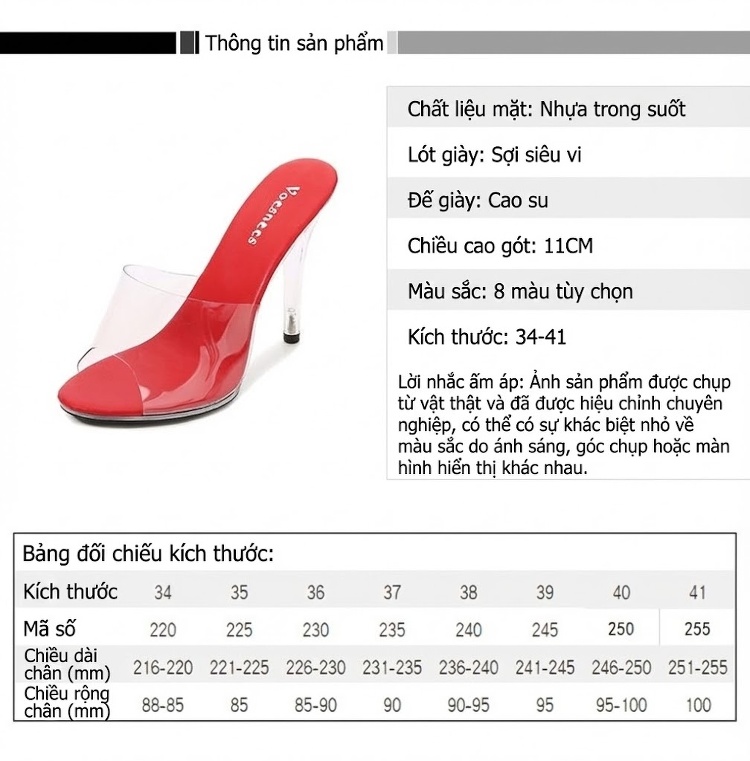 Giày Sandal Cao Gót Nữ Quai Trong Suốt Gót Nhọn Gót Cao 11cm Màu Trắng, Đen, Xanh, Hồng... chi tiết 2