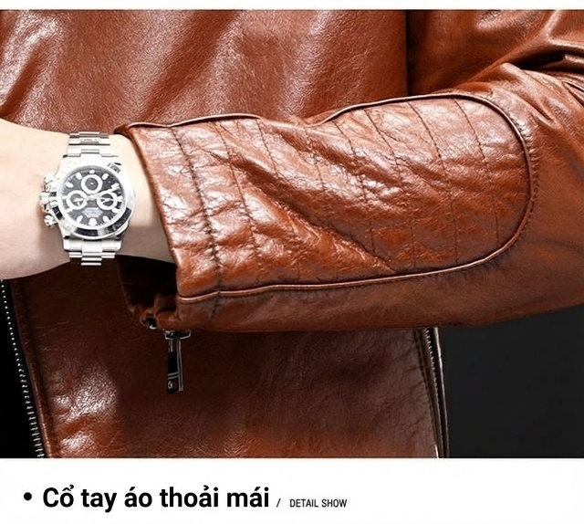 Áo Khoác Da Thật Nam Dáng Ôm, Cổ chữ Vest, Ngắn Màu Nâu chi tiết 12