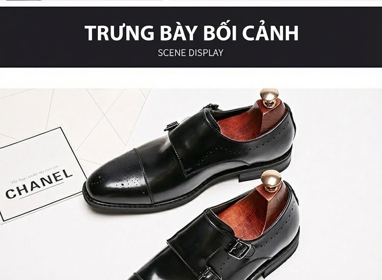 Giày Tây Monk Strap Nam Da Bóng Brogue Chiều Cao Đế Khoảng 3cm Màu Đen chi tiết 16