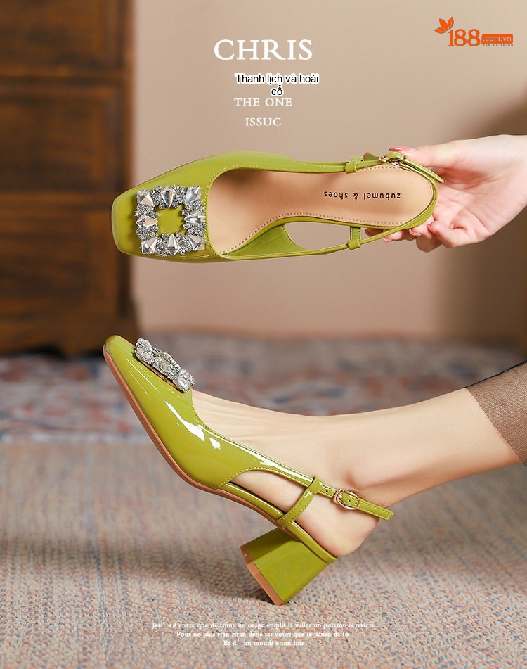 Giày Sandal Cao Gót Nữ Bít Mũi Quai Hậu Đính Đá Gót Vuông Da Bóng Gót Cao 5cm - 6cm Màu Xanh, Kem chi tiết 3