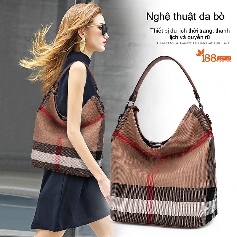 Túi Đeo Vai Nữ Vải Canvas Kẻ Ô phối Da Bò Nguyên Lớp Dáng Trống Sức Chứa Lớn Màu Nâu