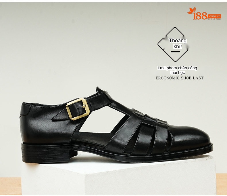 Giày Sandal Rọ Nam Da Thật Phong Cách Retro Chiều Cao Đế Khoảng 2cm Màu Đen, Nâu chi tiết 4