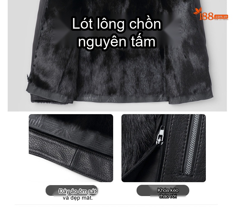 Áo Khoác Da Thật Nam Lót Lông Chồn Cổ Lông Kiểu Ngắn Da Dê Màu Đen chi tiết 8