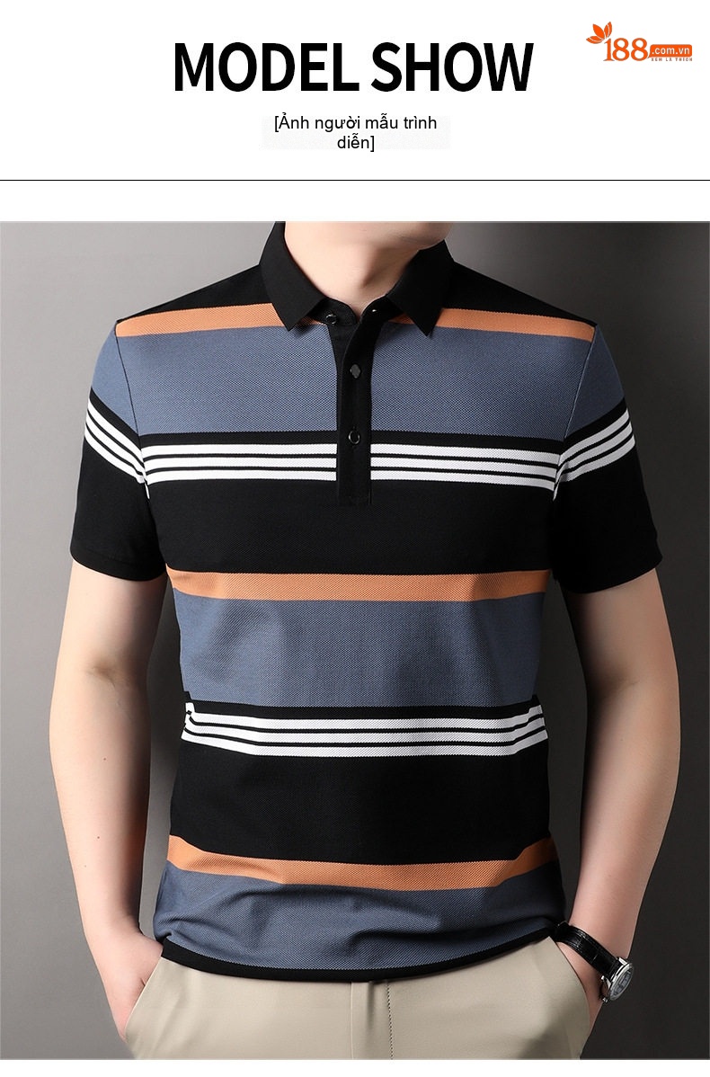 Áo Polo Nam Tay Ngắn Cotton Kẻ Sọc Thời Trang Màu Đen, Nâu, Xám, Trắng chi tiết 5