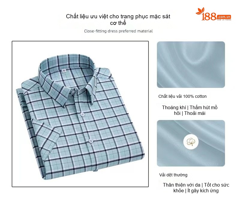 Áo Sơ Mi Nam Tay Ngắn Kẻ Caro 50% Sợi Polyester, 50% Sợi Cellulose Tái Sinh Màu Xanh Dương, Cam, Xanh Lá, Xám... chi tiết 2