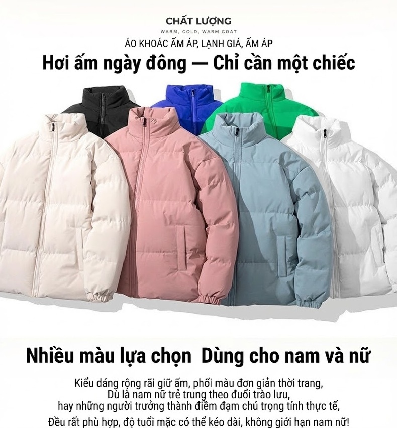 Áo Khoác Phao Nam Cotton Dáng Rộng Phong Cách Hàn Quốc Màu Đen, Trắng, Kem, Hồng... chi tiết 10