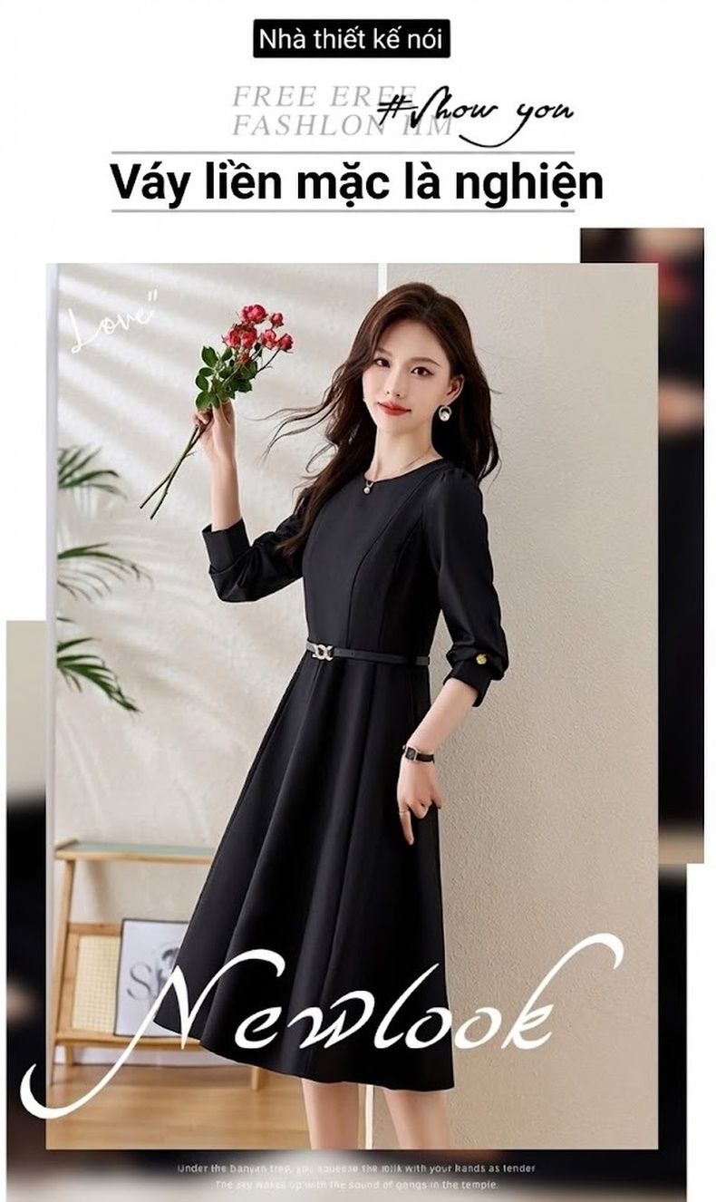 Đầm Xòe Dài Tay dáng chữ A Chiết Eo Thanh Lịch Màu Đen, Nâu chi tiết 2
