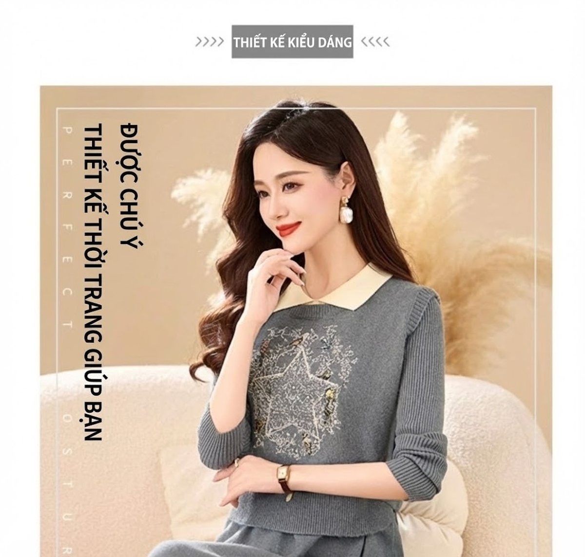 Set Bộ Dệt Kim Áo Và Chân Váy Dáng Dài Thêu Họa Tiết Phong Cách Thời Trang Màu Nâu, Xám chi tiết 6
