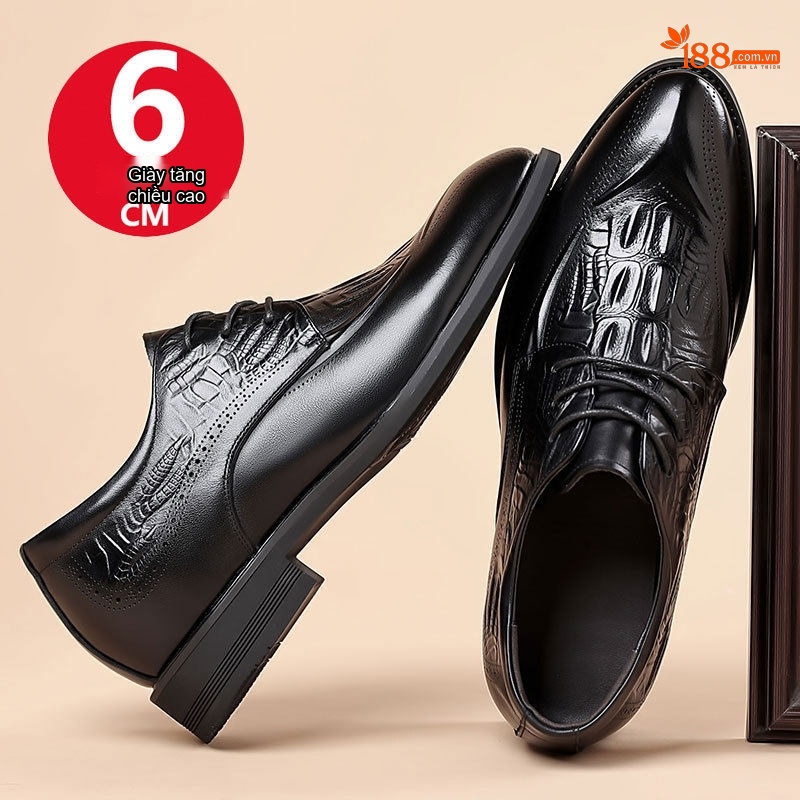 Giày Tây Buộc Dây Nam Da Bò Brogue Chiều Cao Đế 6cm Màu Đen