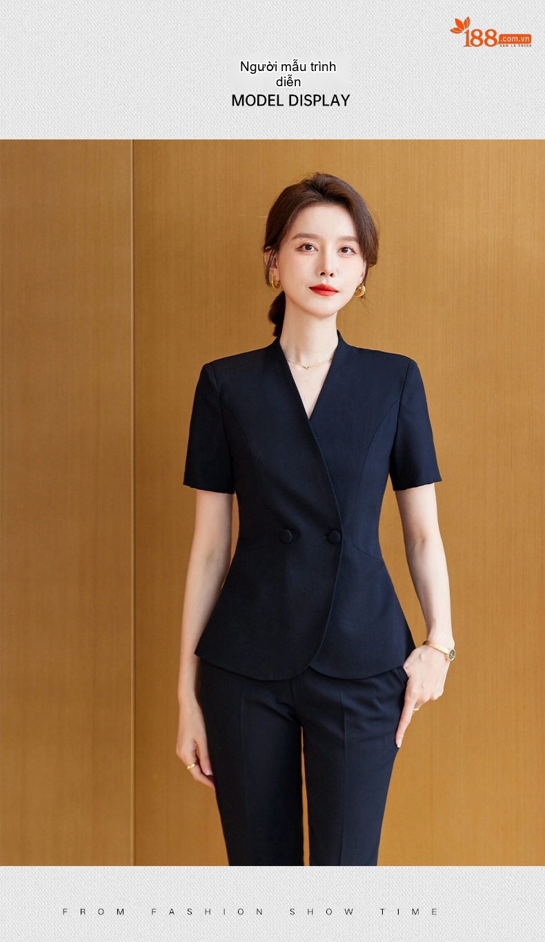 Bộ Vest Công Sở Nữ Tay Ngắn Cổ chữ V Màu Xanh Lam, Đen chi tiết 13