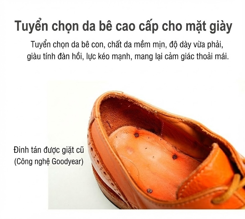 Giày Tây Buộc Dây Nam Da Thật Thủ Công Goodyear Chiều Cao Đế Khoảng 3cm Màu Nâu chi tiết 7