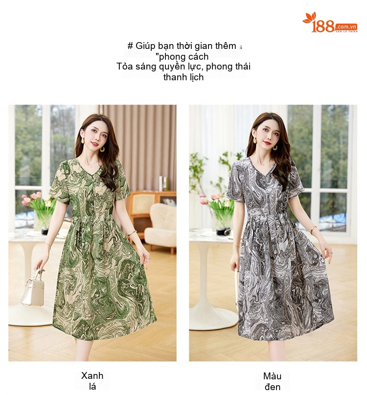 Váy liền thân Nữ In Họa Tiết Cổ chữ V, dáng chữ A, Eo Điều Chỉnh Được, Mềm Mại Thoải Mái Màu Xám, Xanh chi tiết 3