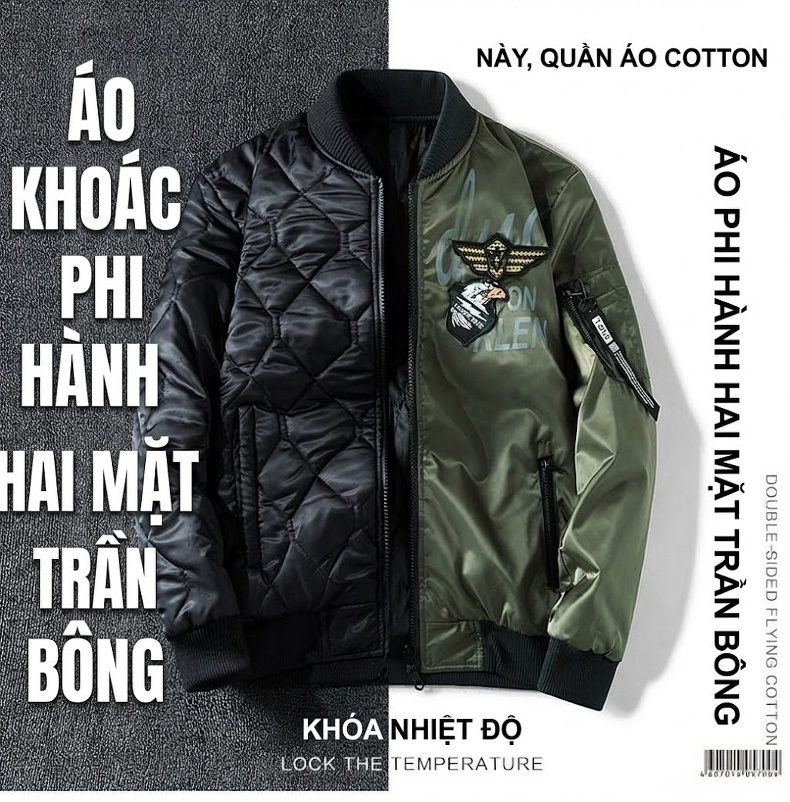 Áo Khoác Bomber Nam Thời Trang Thu Đông Áo Phi Công Lót Bông Màu Đen, Xanh Navy, Xanh Rêu chi tiết 1