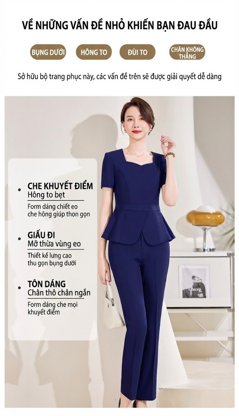 Bộ Vest Công Sở Nữ Tay Ngắn Quần/Chân Váy Áo Peplum Màu Đen, Xanh Navy chi tiết 4