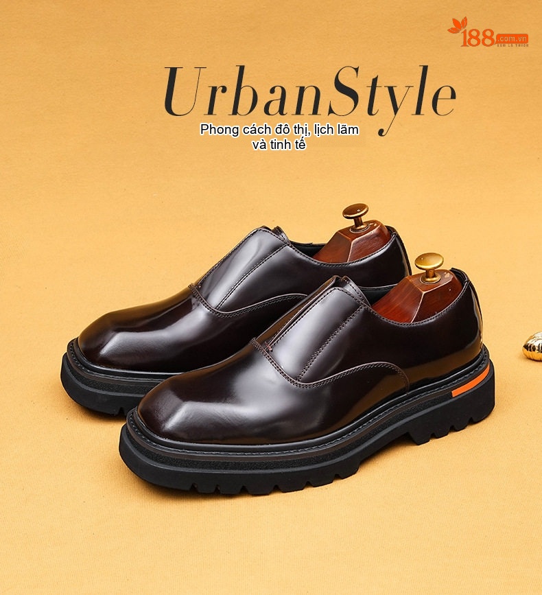 Giày Lười Nam Da Bóng Mũi Vuông Chiều Cao Đế Khoảng 3cm Màu Đen, Nâu chi tiết 1